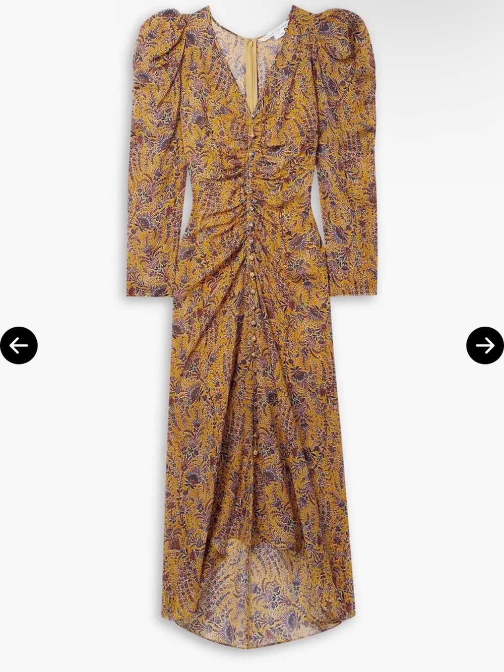 Veronica Beard Mustard Floral Ruched Long-Sleeve Midi Dress